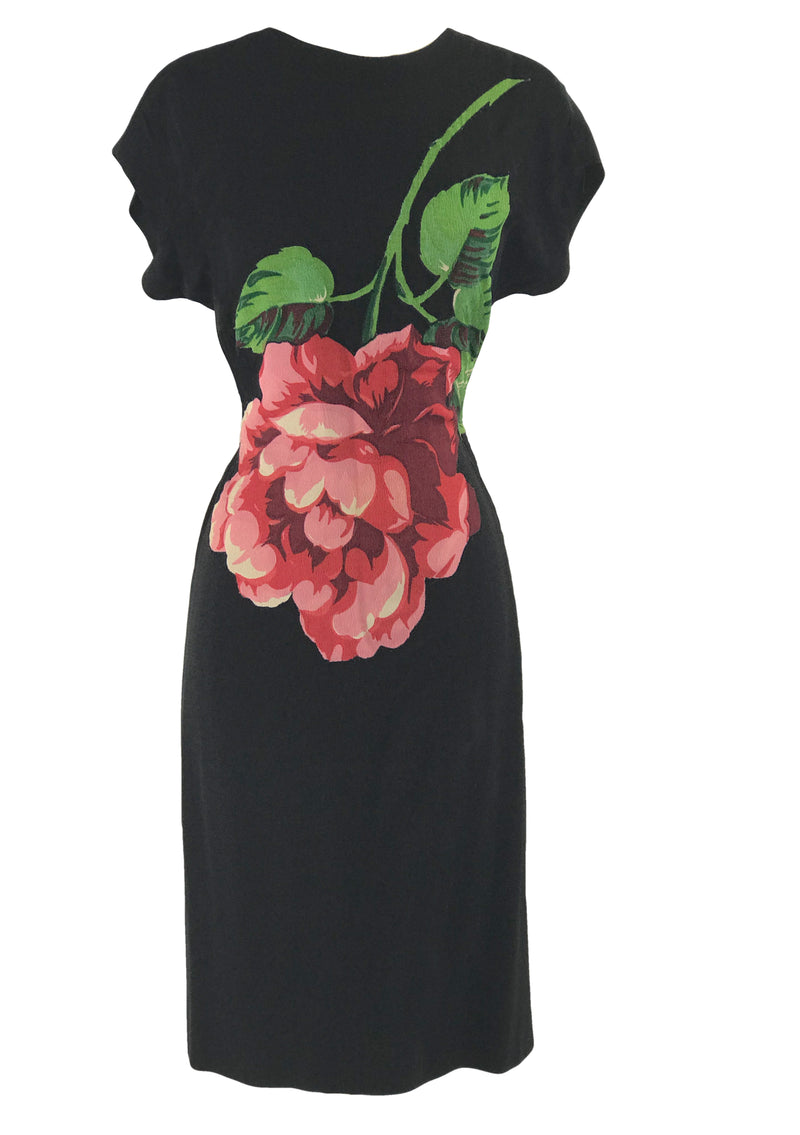 Rare 1940s Black Dress with Huge Rose Appliqué - New!