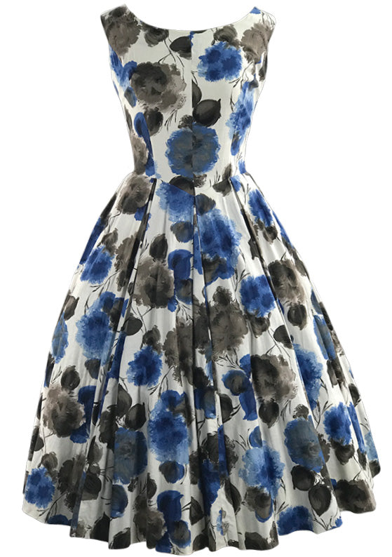 Vintage 1950s Muted Blue Roses Cotton Dress - New!