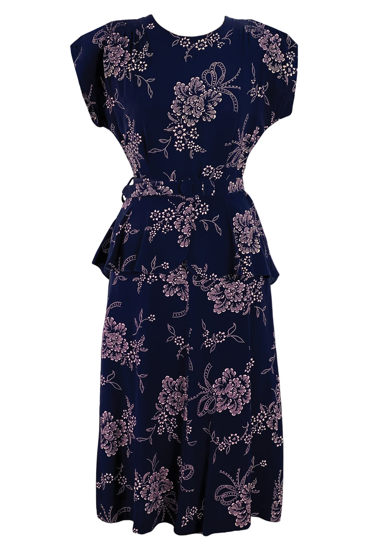 Vintage 1940s Navy Rayon with Pink Flower Print Dress- New!