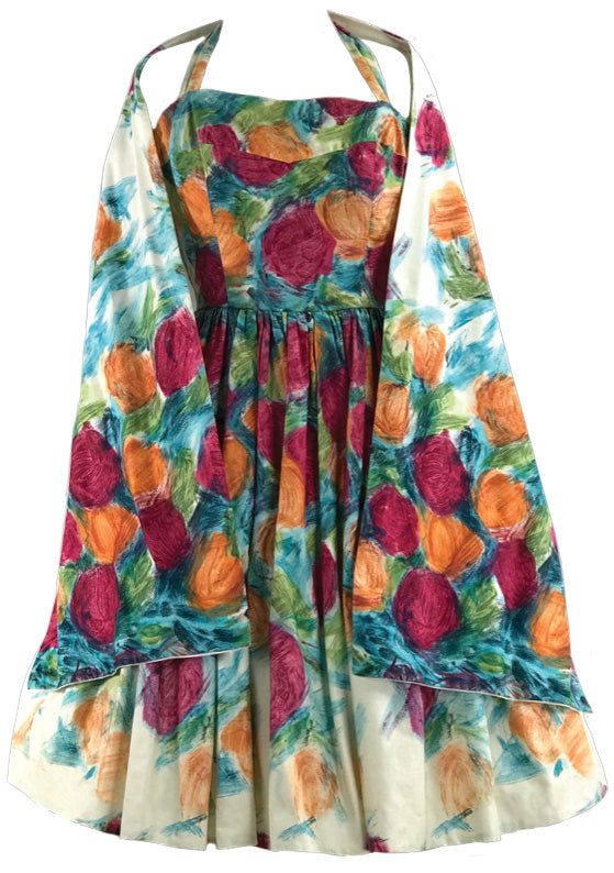 Late 1950s Floral Print Cotton Dress & Stole Ensemble - New!