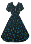 Late 1950s Early 1960s Black Cotton with Blue Roses Dress - NEW!