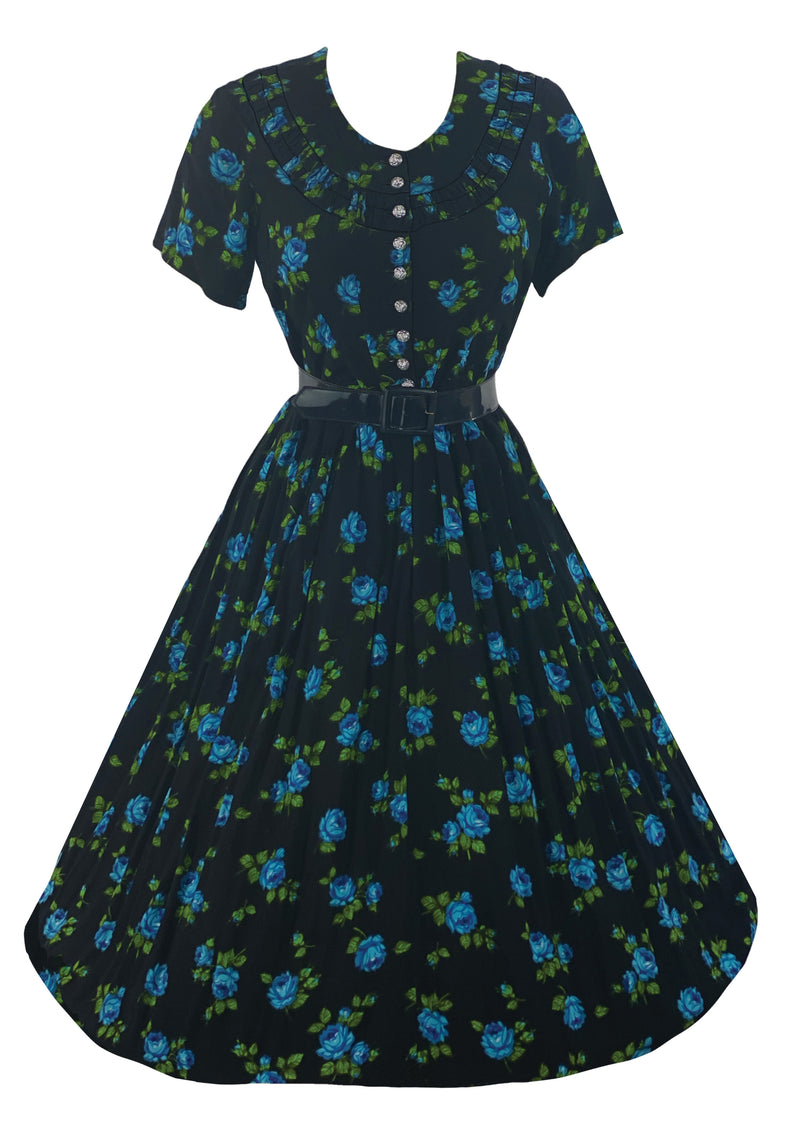 Late 1950s Early 1960s Black Cotton with Blue Roses Dress - NEW!