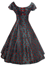 Stunning 1950s British Designer Flocked Cherries Dress- New!