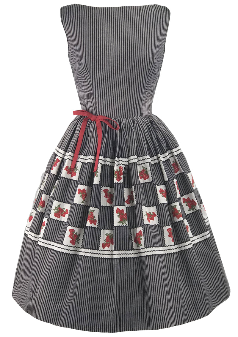 1950s Black & Grey Stripe Dress with Strawberry Border- New!
