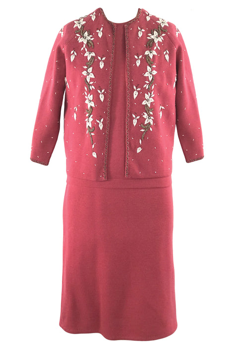 Vintage 1960's Beaded Rouge Pink Wool Knit Suit- New!