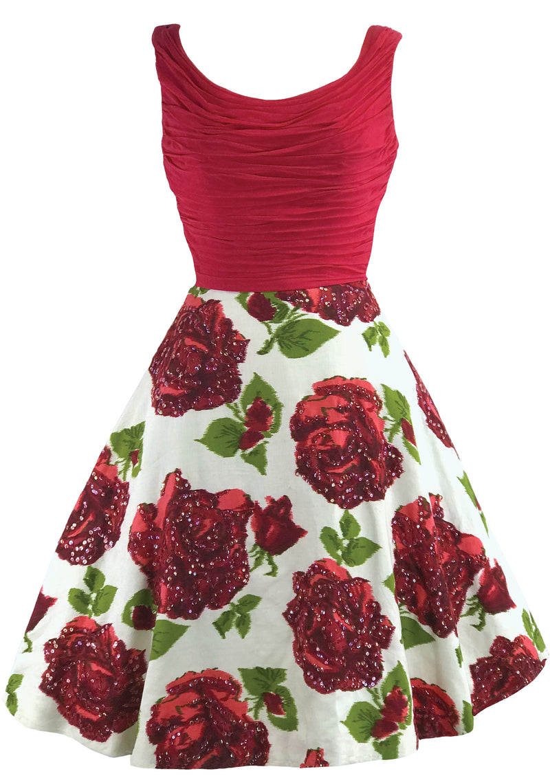 1950s Red Roses Cotton & Chiffon Dress With Sequins- New!