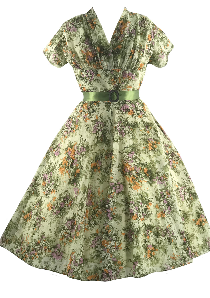 Beautiful 1950s Green Floral Plisse Dress - New!