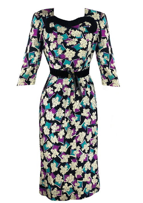 Vintage 1940s Floral Novelty Print Rayon Dress- New!