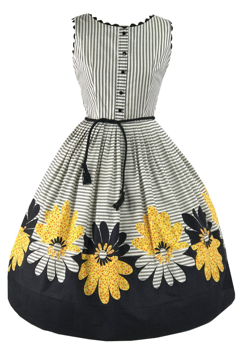 1950s B&W Stripe Sunflower Border Print Dress- New!