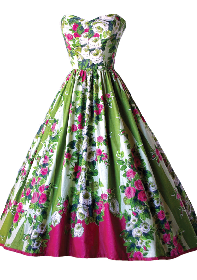 1950s Pink Roses Applique Cotton Party Dress - New!