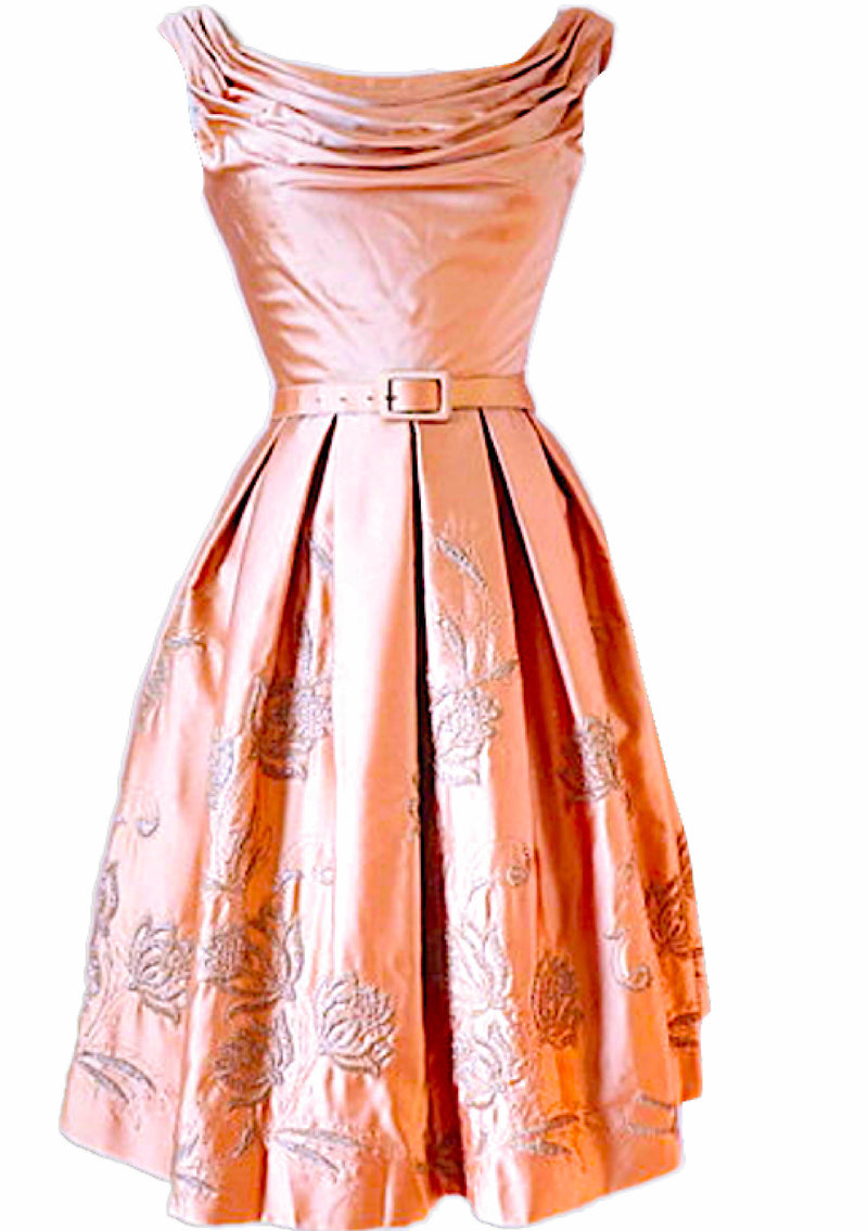 1950's Pink Draped & Embroidered Satin Party Dress - New!