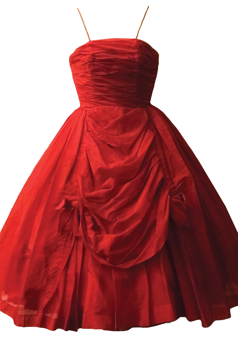 Stunning 1950s Red Organza Draped Cocktail Dress - New!