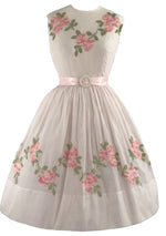Late 1950s Roses Embroidered Pink Cotton Dress - New!