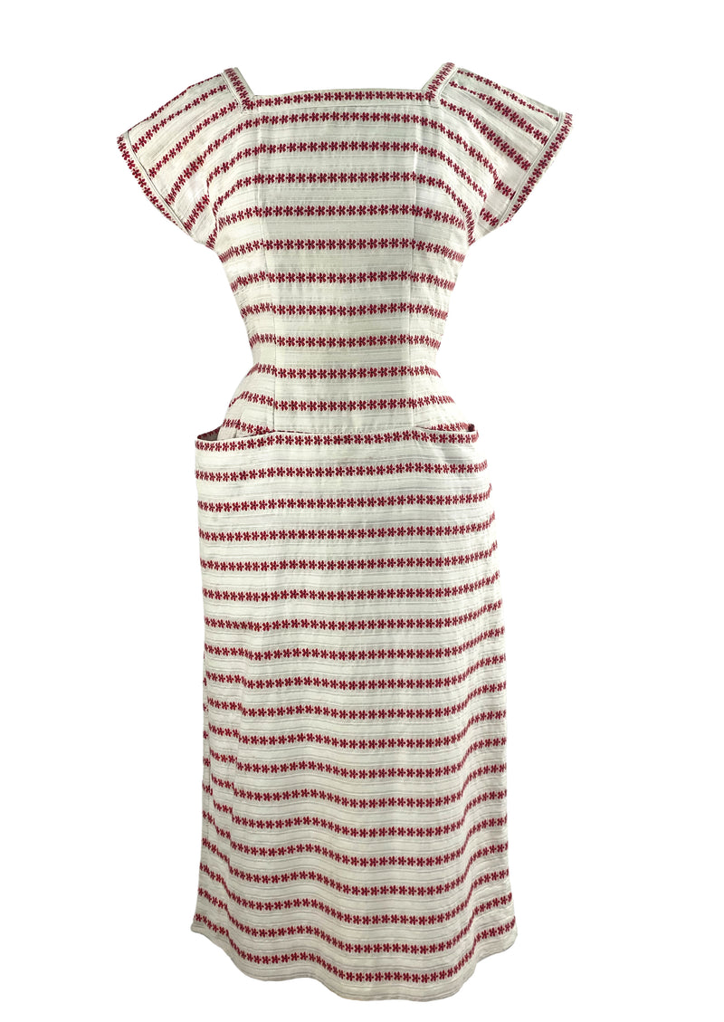 Vintage 1950s White and Red Textured Cotton Sheath Dress - NEW!