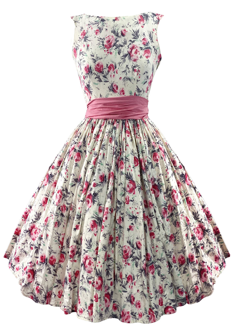 Vintage Late 1950s British Cotton Designer Dress with Pink Roses - New!