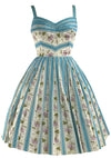 1950s Printed Blue Ribbon Stripes and Violets Dress- New!