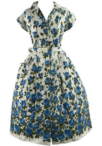 Vintage 1950s Blue Roses Border Print Cotton- New!