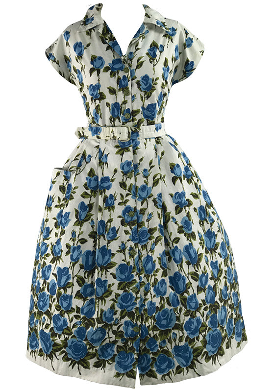 Vintage 1950s Blue Roses Border Print Cotton- New!