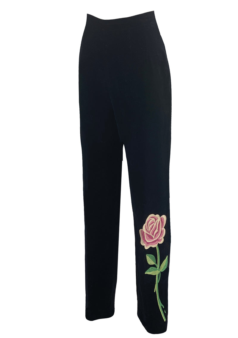 Vintage 1950s Black Cotton Velvet Rose Applique Slacks- New!
