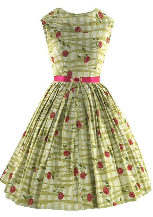 Glorious 1950s Green With Red Roses Cotton Dress- New!