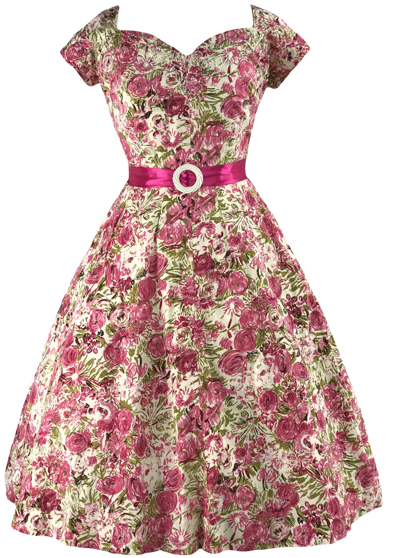 1950s Pink Roses with Sequins Cotton Dress- New!
