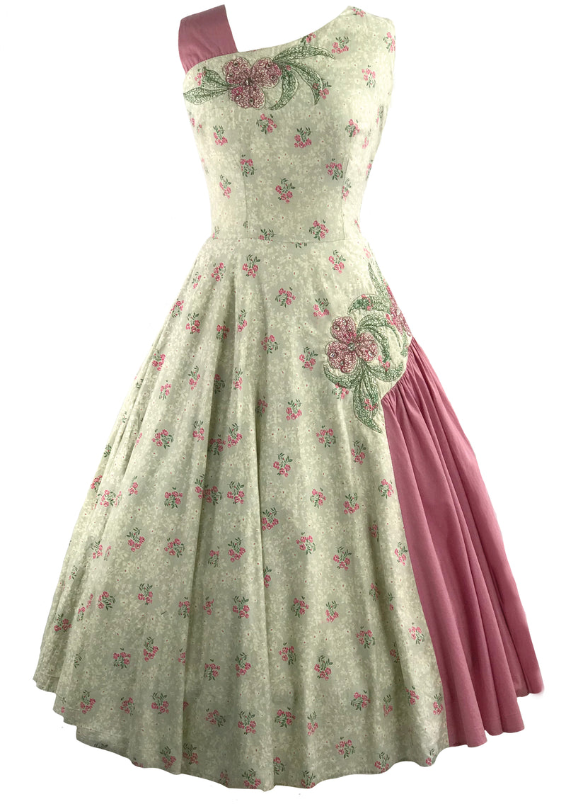 Amazing 1950s Pink Floral Applique Cotton Dress- New!