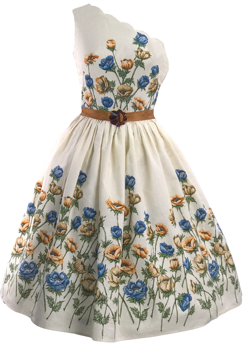 1950s Blue & Bronze Floral Border Cotton Dress