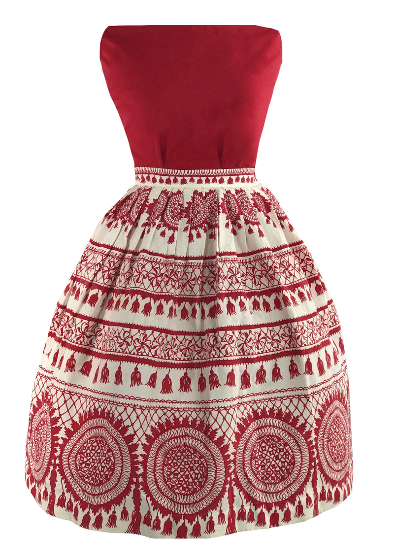 Late 1950s Early 1960s Red & White Trompe L'Oeil Novelty Print Skirt- New!
