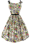 Vintage 1950s Sweet Peas and Ribbon Print Cotton Dress - New!