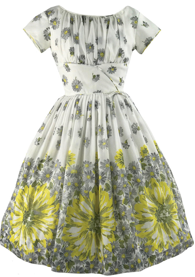 Late 1950s Yellow Daisy Border Print Cotton Dress - New!