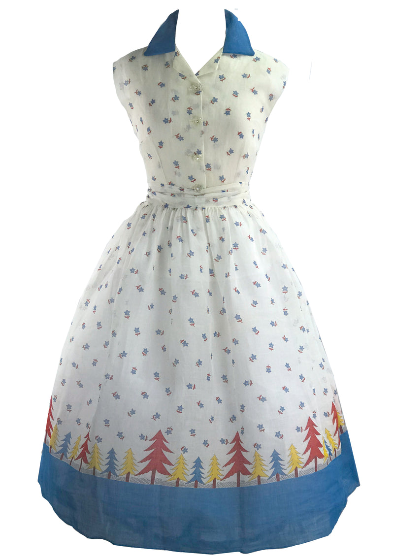1950 Organdie Dress with Pine Trees Border Print  - New! (RESERVED)
