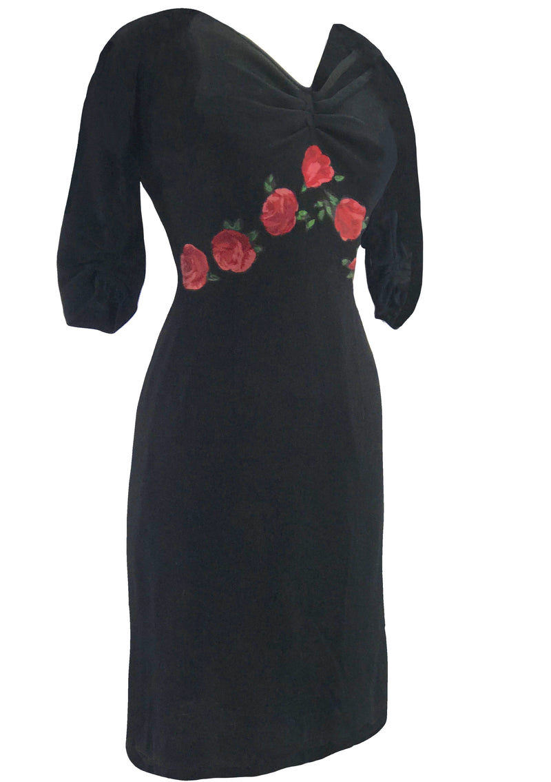 Vintage 1950s Designer Black Wool Jersey Dress with Rose Appliques- New!