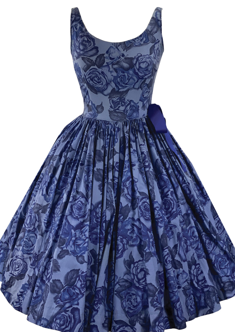 Early 1960s Blue Rose Print Cotton Dress- NEW!