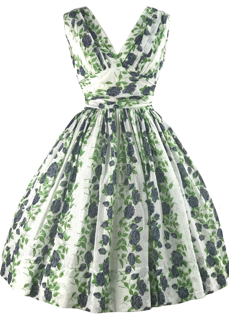 Vintage 1950s Trailing Blue Roses Swiss Dot Dress- New!