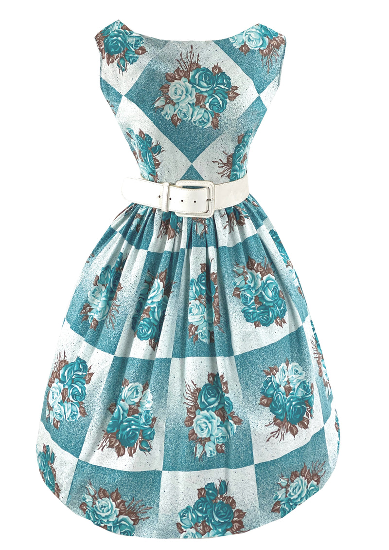 Late 1950s to Early 1960s Turquoise Roses Cotton Dress- NEW!