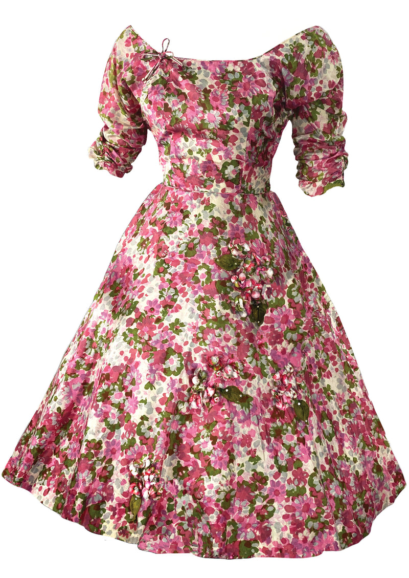 Eye-Catching 1950s Pink Floral 3D Applique Silk Dress - New!