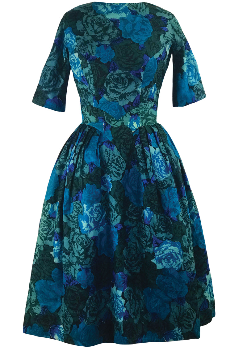 Late 1950s Early 1960s Blue Roses Designer Dress- New!