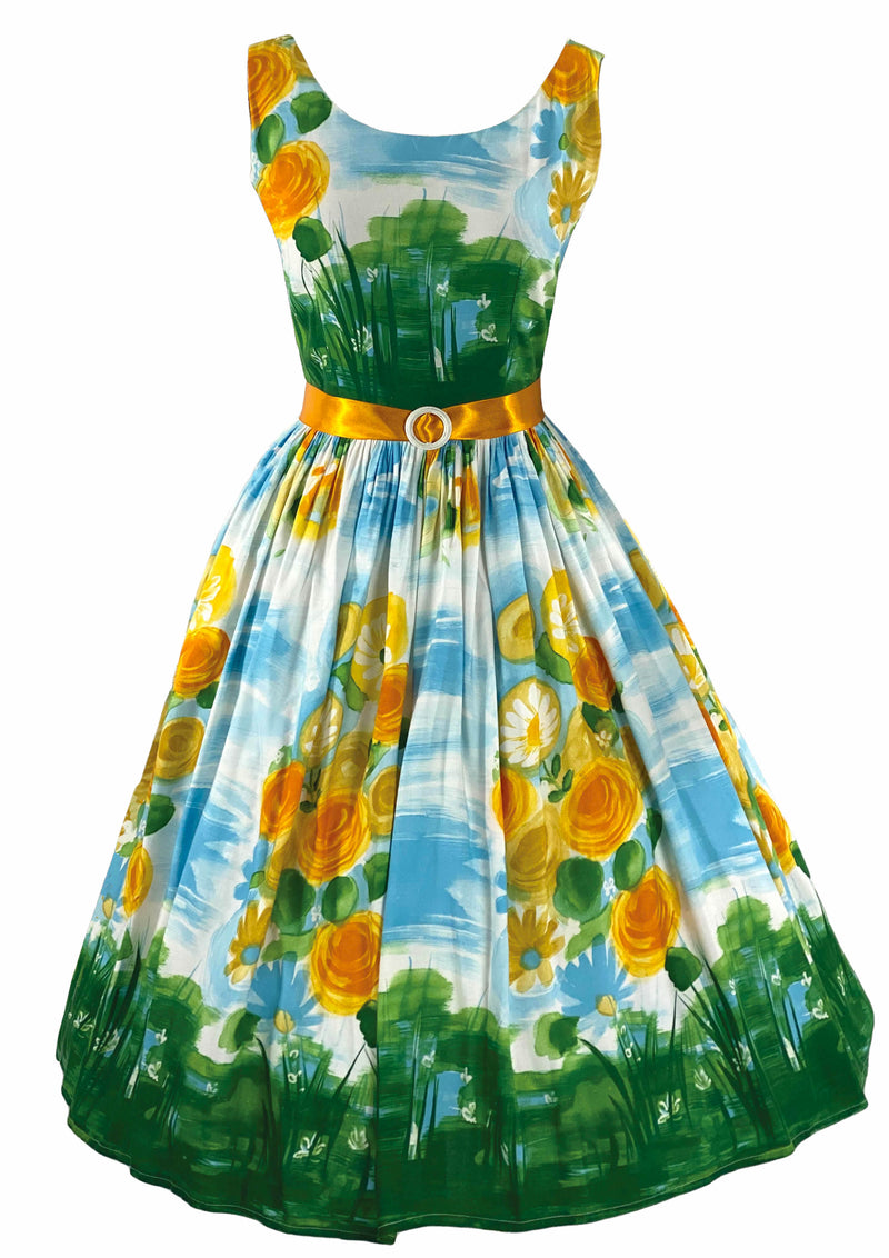 Vintage 1950s Scenic Floral Cotton Dress- New!