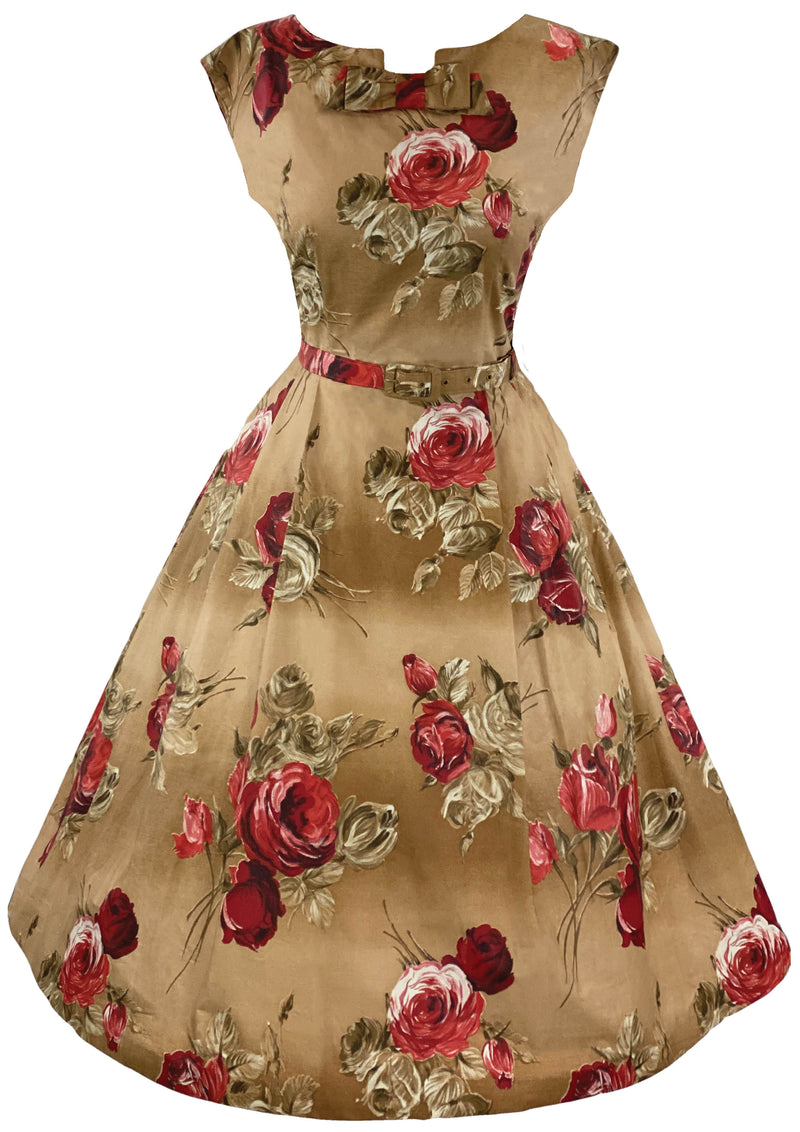 Deadstock Late 1950s Red Roses on Rose Gold Cotton- New!