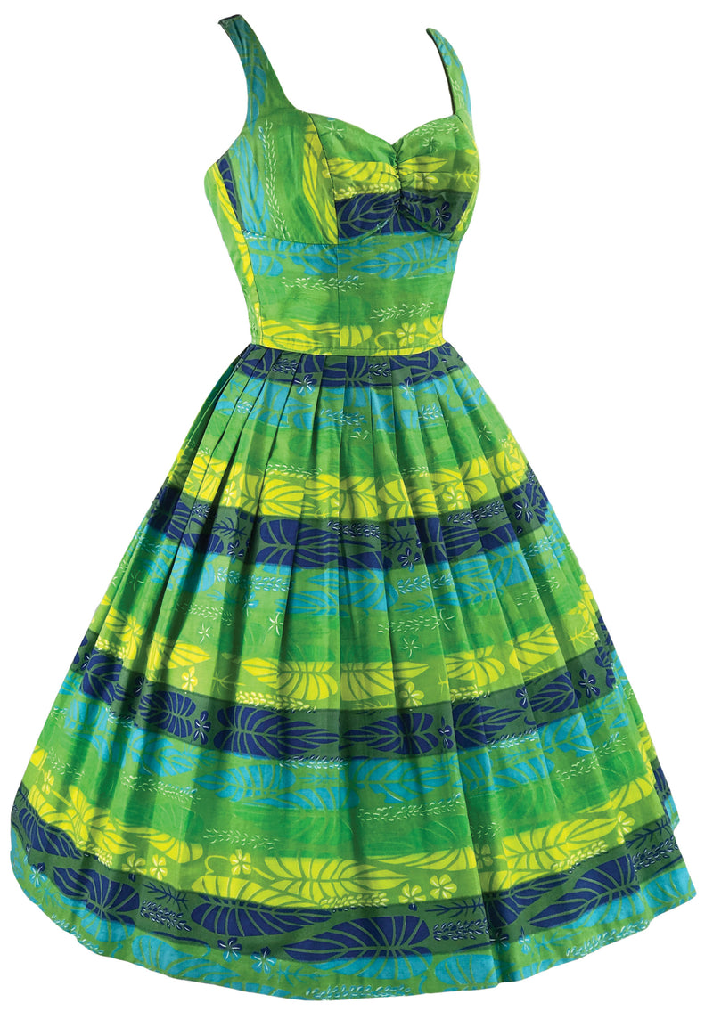 Vintage 1950s Blue & Green Cotton Kamehameha Dress - New!