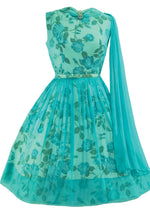 1950s Aqua Chiffon  Blue Roses Taffeta Party Dress - New! (ON HOLD)