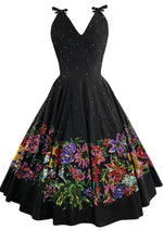 Spectacular 1950s Black Cotton Dress with Floral Appliqués - New!