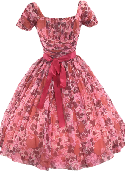 1950s Watermelon Pink Floral Chiffon Party Dress - New!