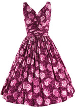 1950s Magenta Carnations Print Cotton Dress -  New!
