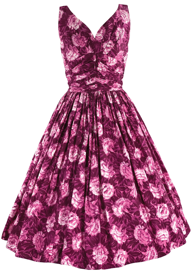 1950s Magenta Carnations Print Cotton Dress -  New!