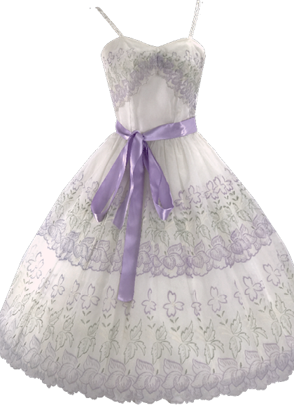 1950s Lilac & Green Embroidered Chiffon Party Dress - New!