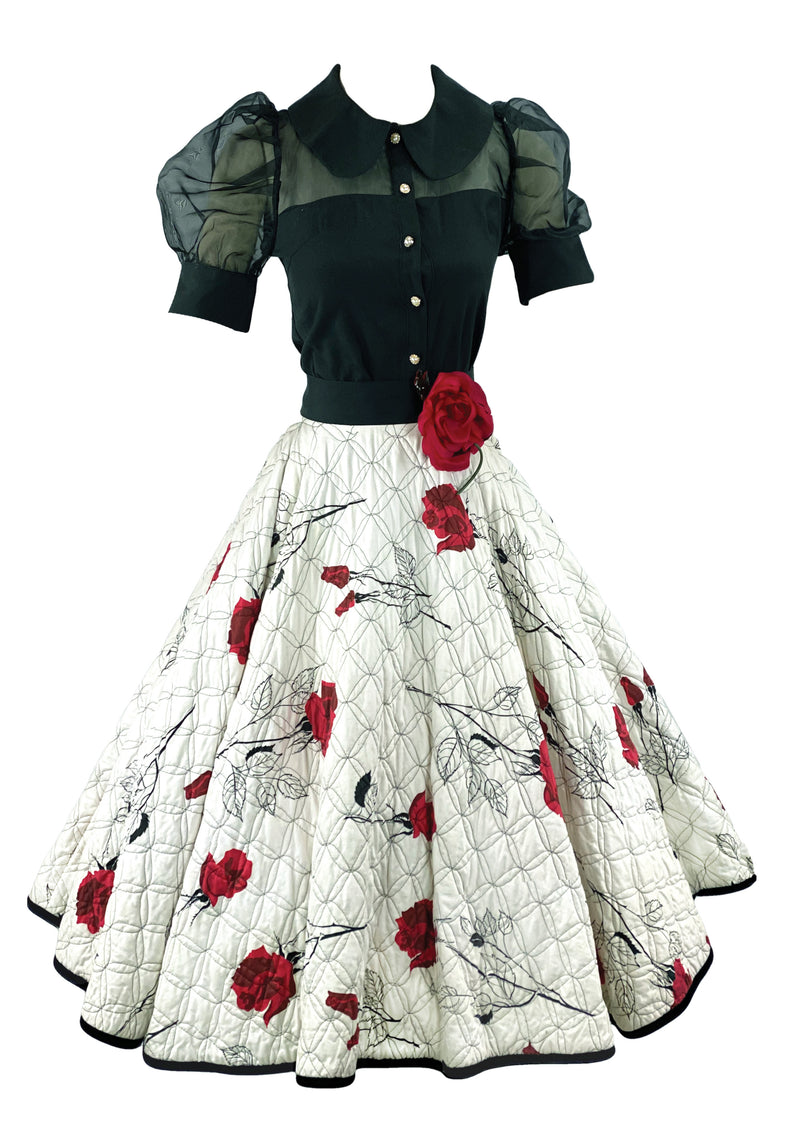 Vintage 1950s Red Rose Quilted Designer Skirt - NEW!