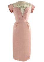 1950s Designer Pink Linen Applique Wiggle Cocktail Dress- New!