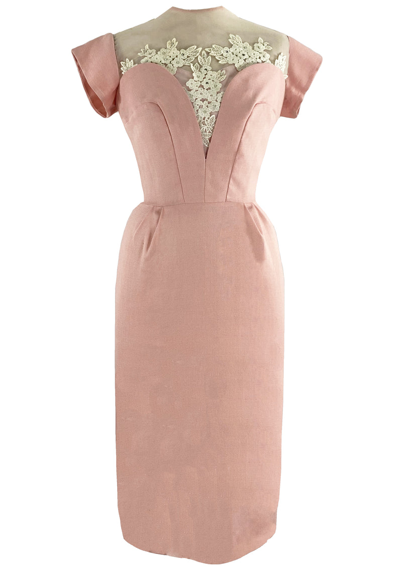 1950s Designer Pink Linen Applique Wiggle Cocktail Dress- New!