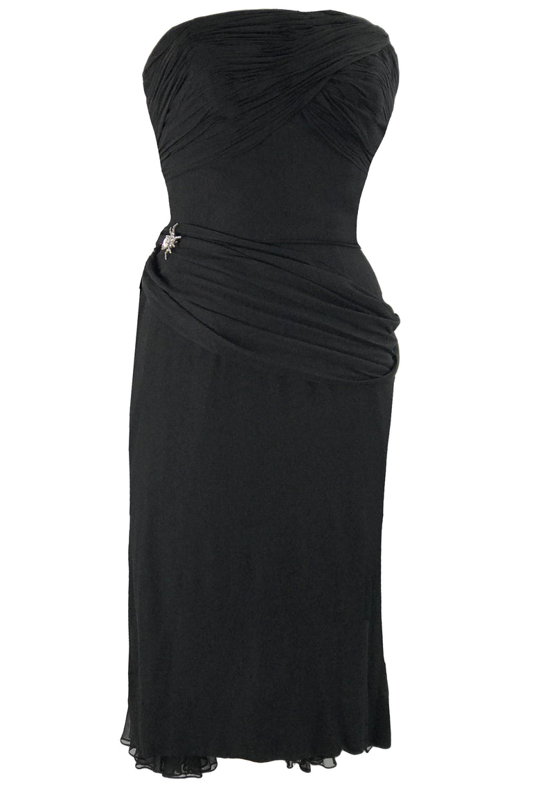 1950s Black Designer Black Silk Chiffon Cocktail Dress - New!